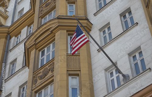 The US national flag on the building of the Embassy of the United States of America in Moscow.