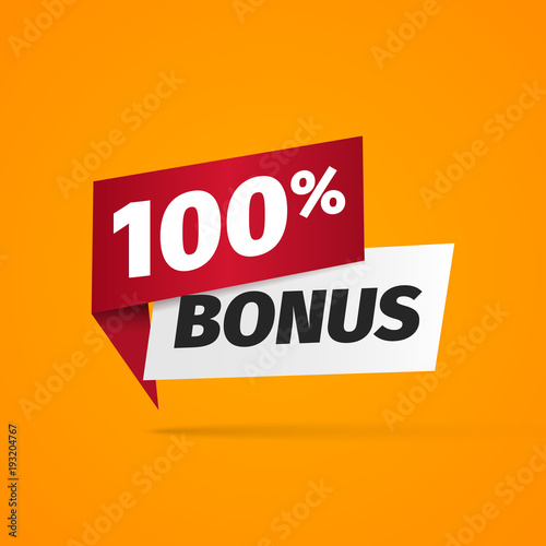 100 percent bonus web banner on yellow background. Web gift label vector illustration