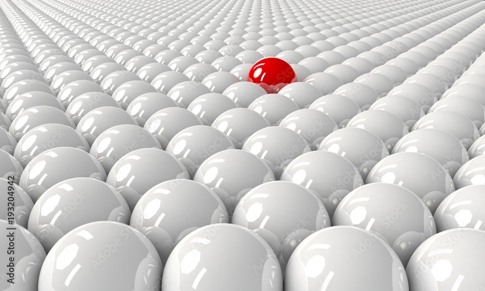 Red sphere standing out among other white spheres; standing out, leader or success concept Red sphere standing out among other white spheres; standing out, leader or success concept