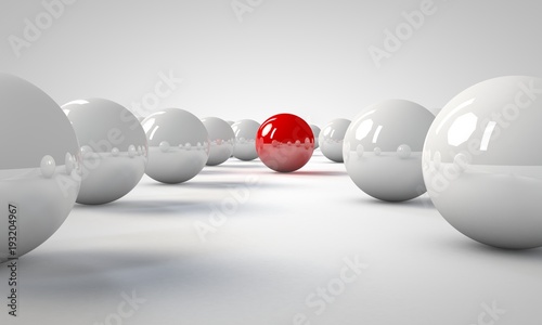 Red sphere between other white spheres; standing out, leader or success concept