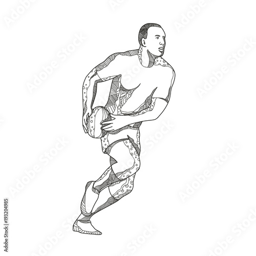 Doodle art illustration of a rugby player passing while running with ball in black and white done in mandala style.