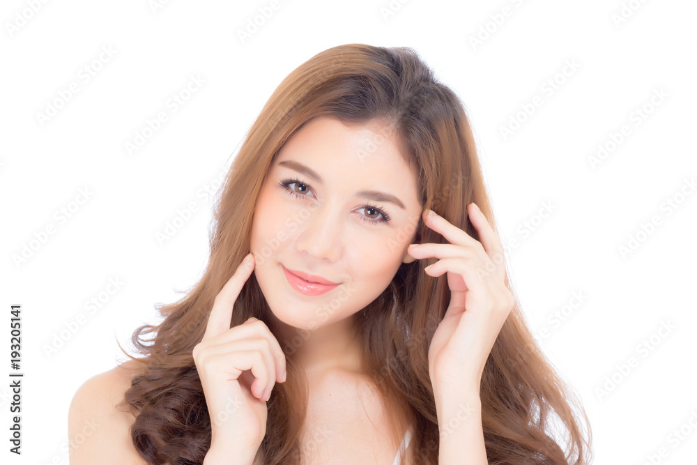 Beautiful girl with makeup, woman and skin care cosmetic concept / attractive beauty asian girl on face with hand touch cheek and smile isolated on white background. Beautiful girl with makeup, woman and skin care cosmetic concept / attractive beauty asian girl on face with hand touch cheek and smile isolated on white background.