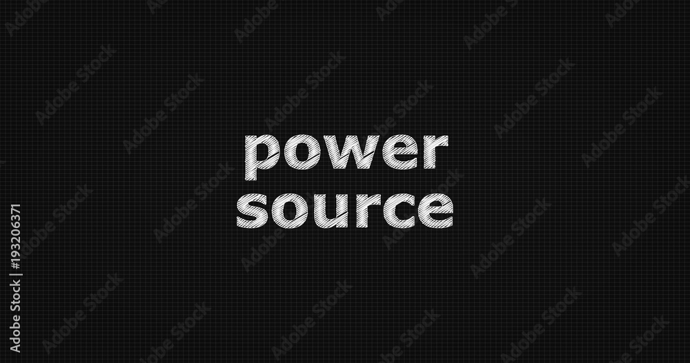 Power source word on grey background.