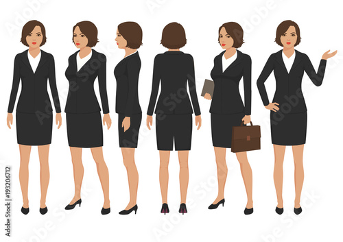 vector illustration of  secretary woman cartoon character, front, back and side view of businesswoman