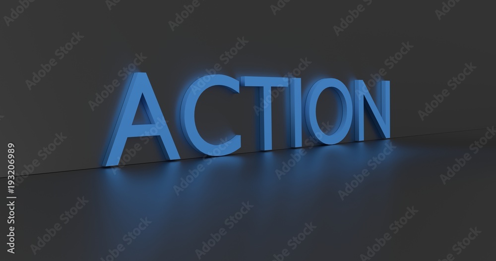 Action word on grey background. 3D render. Action word on grey background. 3D render.
