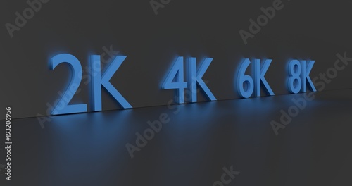 2K 4K 6K 8K word on grey background. 2K 4K 6K 8K render.