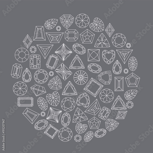 Collection of gems and gemstones. Types of diamond cutting. A set of jewels. Jewelry, jewelery and precious stones.