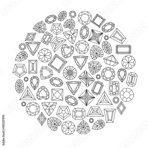 Collection of gems and gemstones. Types of diamond cutting. A set of jewels. Jewelry, jewelery and precious stones.