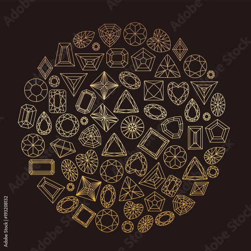 Collection of gems and gemstones. Types of diamond cutting. A set of jewels. Jewelry, jewelery and precious stones.