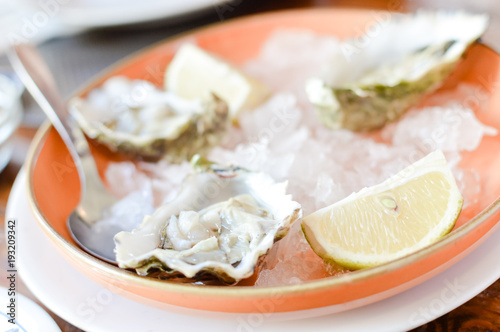 Oysters with ice and lemon on platter wooden table background. Closeup healthy freshness dieting food
