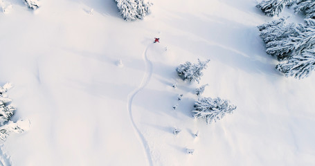 Snowboarder Drone Angle Powder Turns Fresh Untracked Mountain Powder Snow Aerial View
