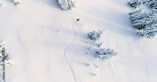 Snowboarder Drone Angle Powder Turns Fresh Untracked Mountain Powder Snow Aerial View