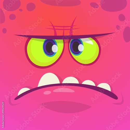 Angry cartoon monster face. Vector Halloween pink monster character