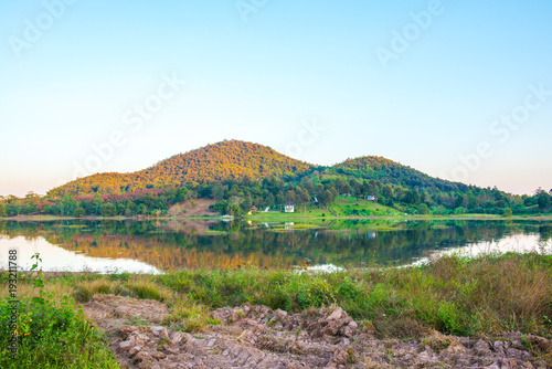 Mountain and lake with sunlight photo