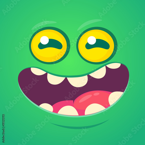 Happy cool cartoon monster face. Vector Halloween green zombie or monster character