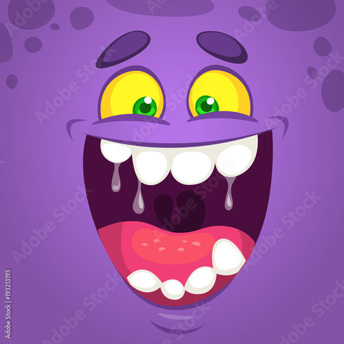 Cool happy cartoon monster face. Vector Halloween  monster laughing with wide mouth smiling full of saliva.
