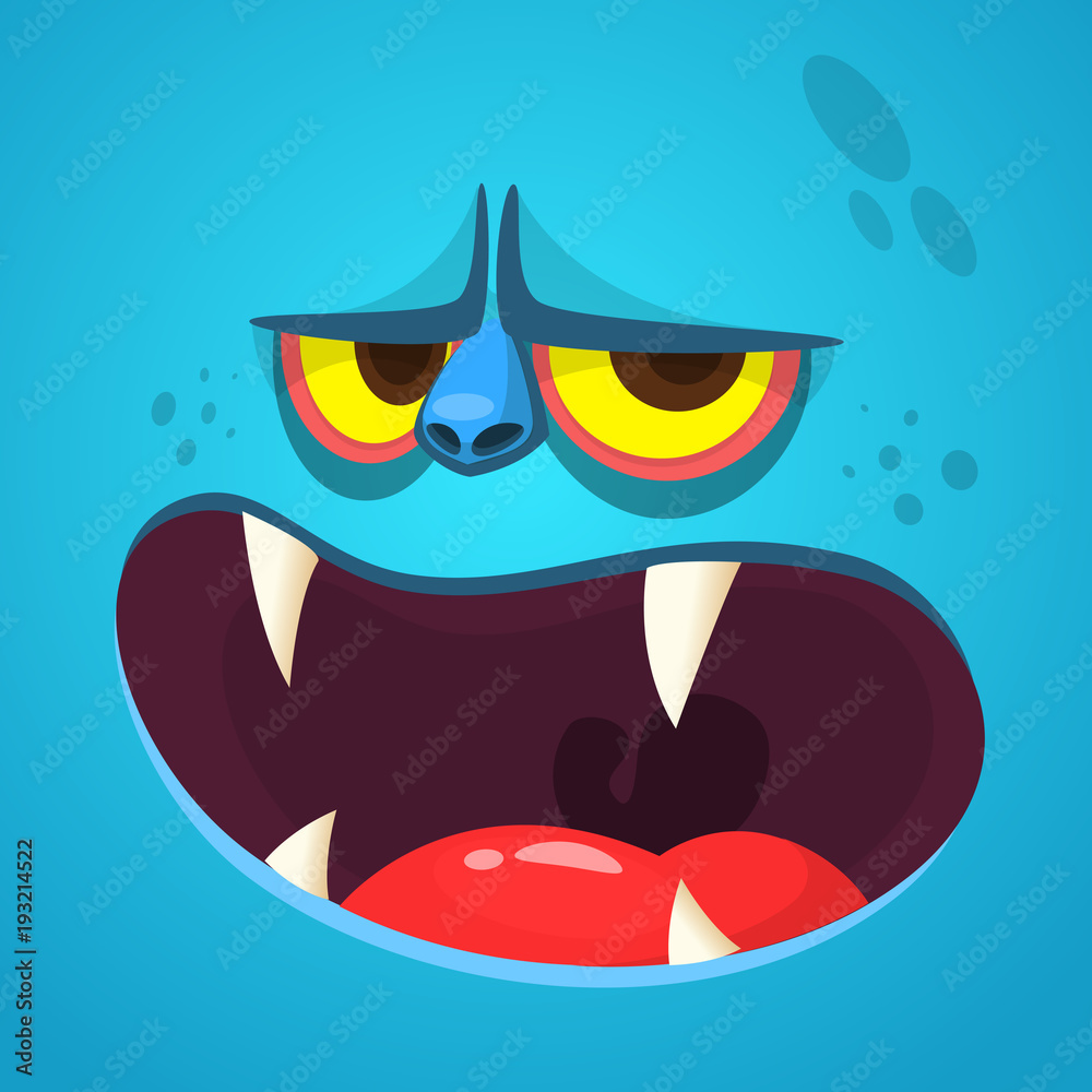 Cartoon monster face. Vector Halloween blue monster avatar with open mouth  with sharp teeth Stock Vector | Adobe Stock