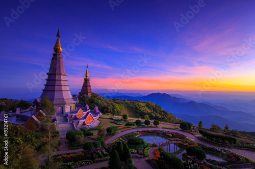 Landscape of two big pagoda on the top of Doi Inthanon mountain  Chiang Mai  Thailand.