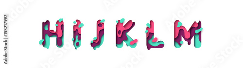 Paper cut letter H, I, J, K, L, M. Design 3d sign isolated on white background. Alphabet font of melting liquid.