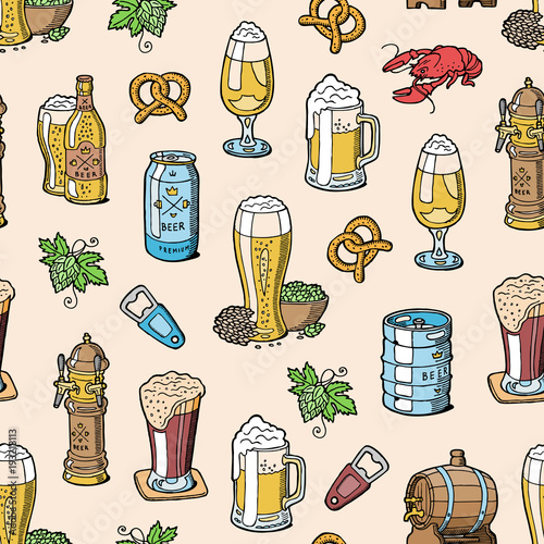 Beer in beerhouse brewery vector beermug or beerbottle and dark ale or beerbarrel in bar on beery party with alcohol set illustration seamless pattern background