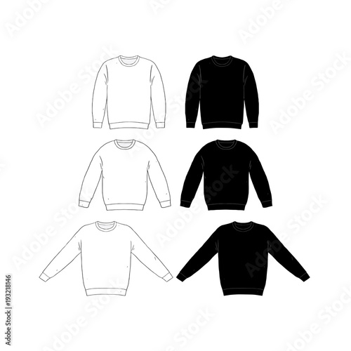 Hand drawn vector illustration of blank t-shirt long sleeve set on white background. White and black Knit jumper sweater shirt template. Mock up.Pullover.