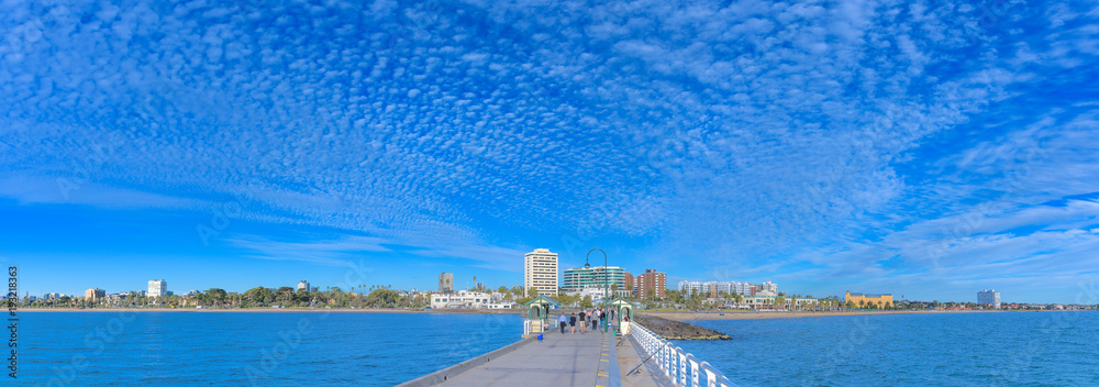 A wide view of the St Kilda foreshore from the St Kilda Pier in Victoria, Australia on February 12, 2018.