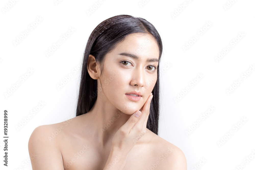 Beautiful Asian Woman Portrait. Beautiful Woman looking to camera. Korean Woman Touching her Face. People with Youth and Skin Care Concept. isolated on white background.