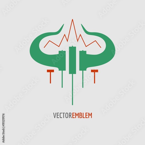 Logo candlestick trading chart analyzing in forex stock market. Exchange broker emblem. Bull horns and candles