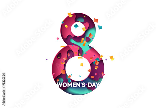 Happy Womens Day, March 8 greeting card. Design letter modern style papercut multi color layers