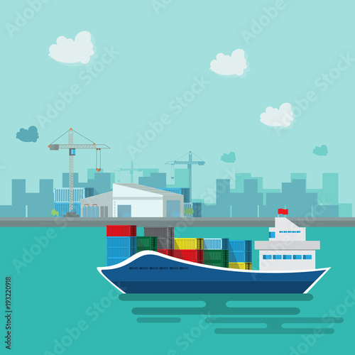 Warehouse and shipping port logistic on a flat style