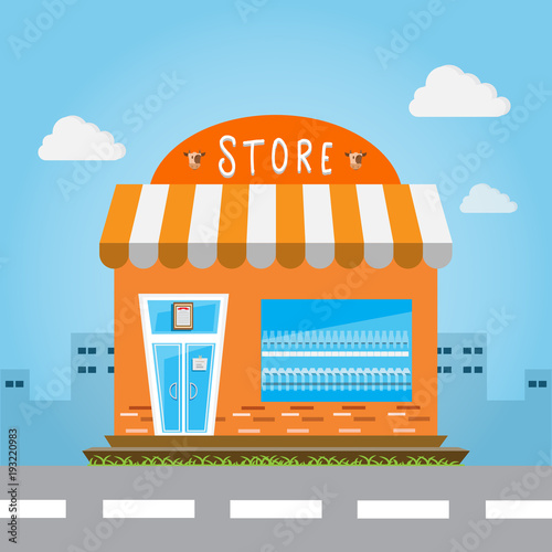 store front building with big city background.
