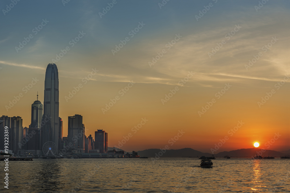 Victoria Harbor of Hong Kong under sunset