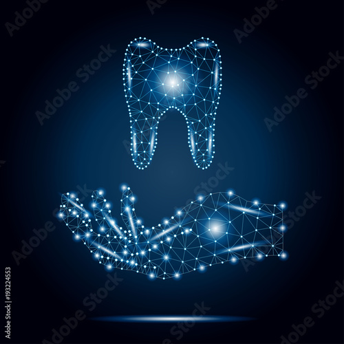 Polygon tooth, human hand, blue, stars 2-3