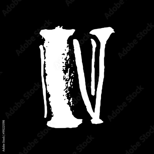 Letter N. Handwritten by dry brush. Rough strokes textured font. Vector illustration. Grunge style vintage whiskey alphabet.
