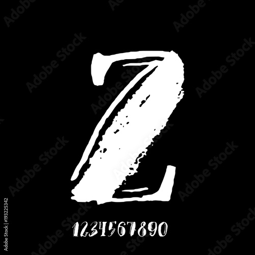 Letter Z. Handwritten by dry brush. Rough strokes textured font. Vector illustration. Grunge style vintage whiskey alphabet.
