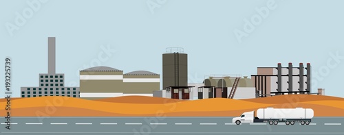 Industrial horizontal vector landscape, web page design, oil refinery station in desert, highway with oil tanker truck.