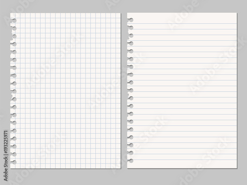 Set of vector realistic illustrations of a torn sheet of paper from a workbook with shadow