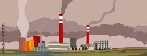 Horizontal web page industrial banner, oil refinery, environmental pollution industrial landscape.