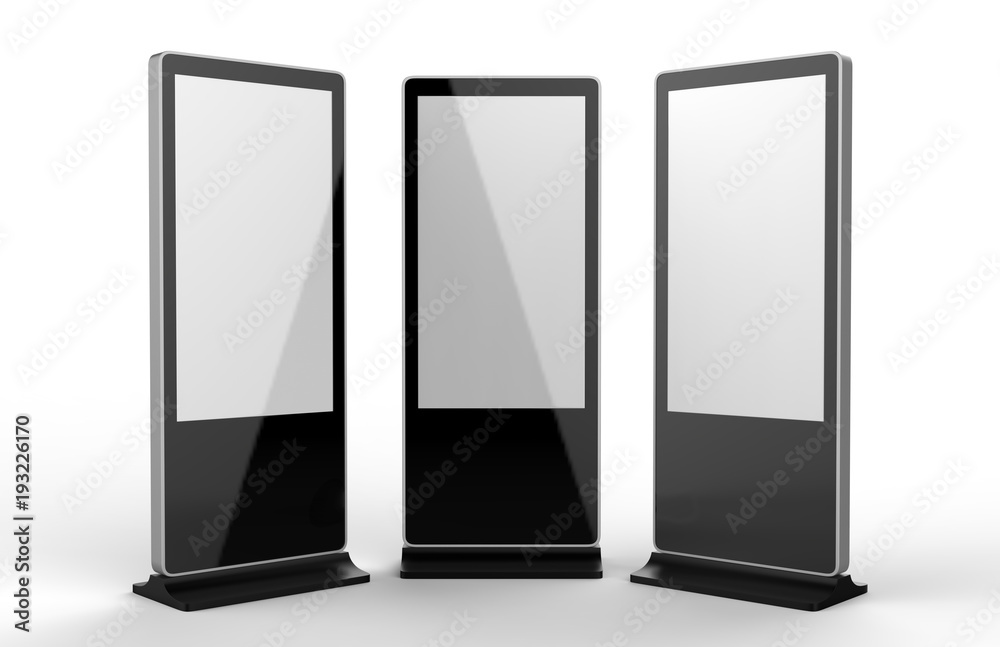 WiFi network Multi touch floor standing LCD ad display digital signage display touch monitor. 3d render illustration.