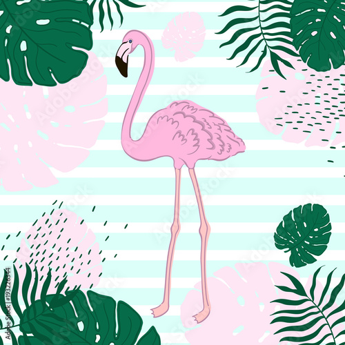 Tropical leaves and Flamingo Summer Banner  Graphic Background  Exotic Floral Invitation  Flyer or Card.