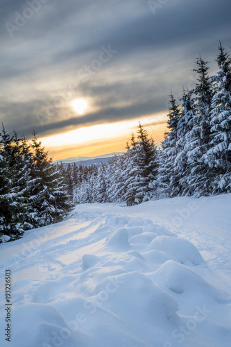 sunrise in snowy mountains © stockfotocz