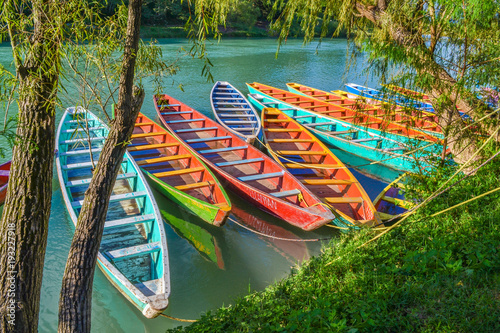 Fotografering Colorful canoes in Tamul river at Huasteca Potosina, Mexico