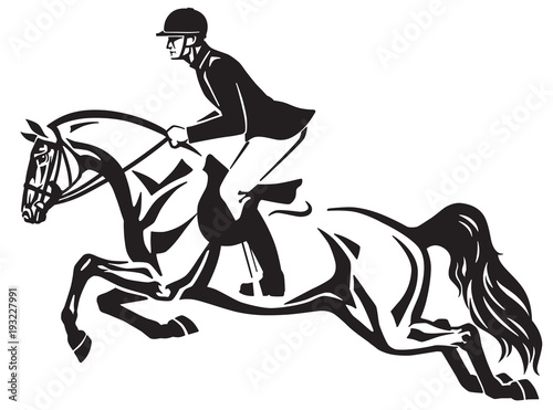 Horse and rider jumping over a fence.Equestrian stadium showjumping .Black and white side view isolated vector illustration. Logo design