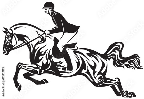 Horse show jumping . Equestrian sport competition . Horseman rider controls a horse jumping over an obstacle . Black and white side view vector illustration in the tribal tattoo style
