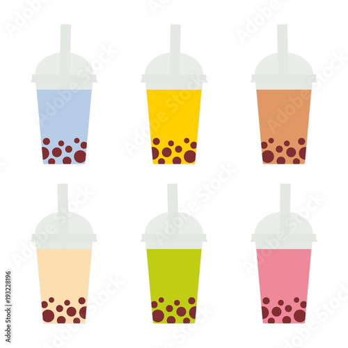 Bubble Tea with different fruits and berries. Milk Cocktails in plastic cup, tubule. Different sorts of Bubble Tea Cocktails. pastel colors on white background. Vector