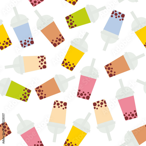 Seamless pattern Bubble Tea with different fruits and berries. Milk Cocktails in plastic cup, tubule. Different sorts of Bubble Tea Cocktails. pastel colors isolated on white background. Vector