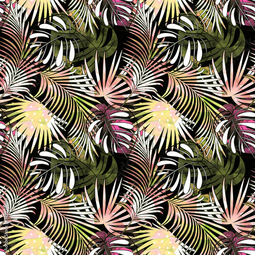 Seamless tropical pattern. Colorful leaves, palm leaves on a light background.