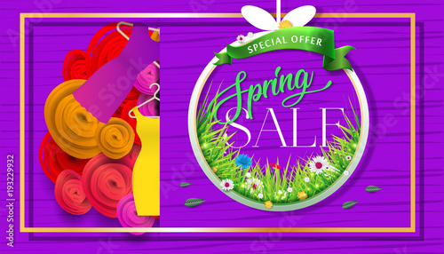 Spring sale background with beautiful colorful flower. Vector illustration. Wallpaper. flyers, posters, brochure, voucher discount. Spring sale banner with paper flowers for online shopping.