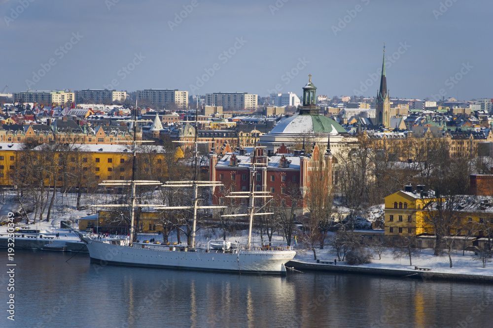 A snowy, cold and sunny view of Stockholm