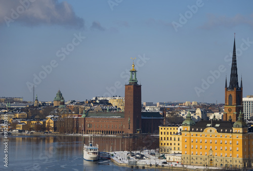A snowy, cold and sunny view of Riddarholmen and the Town City Hall, The Knights' Islet, Stockholm